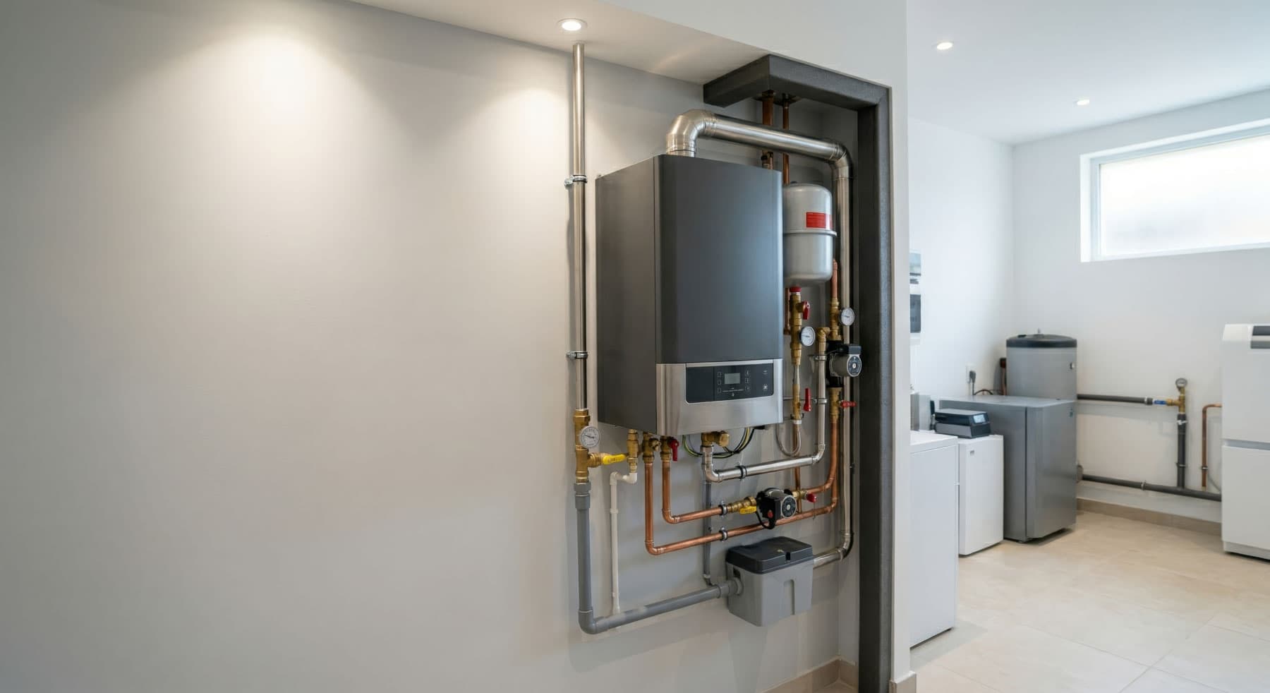 Professional boiler installation in a Surrey home — new high-efficiency boiler with copper pipework